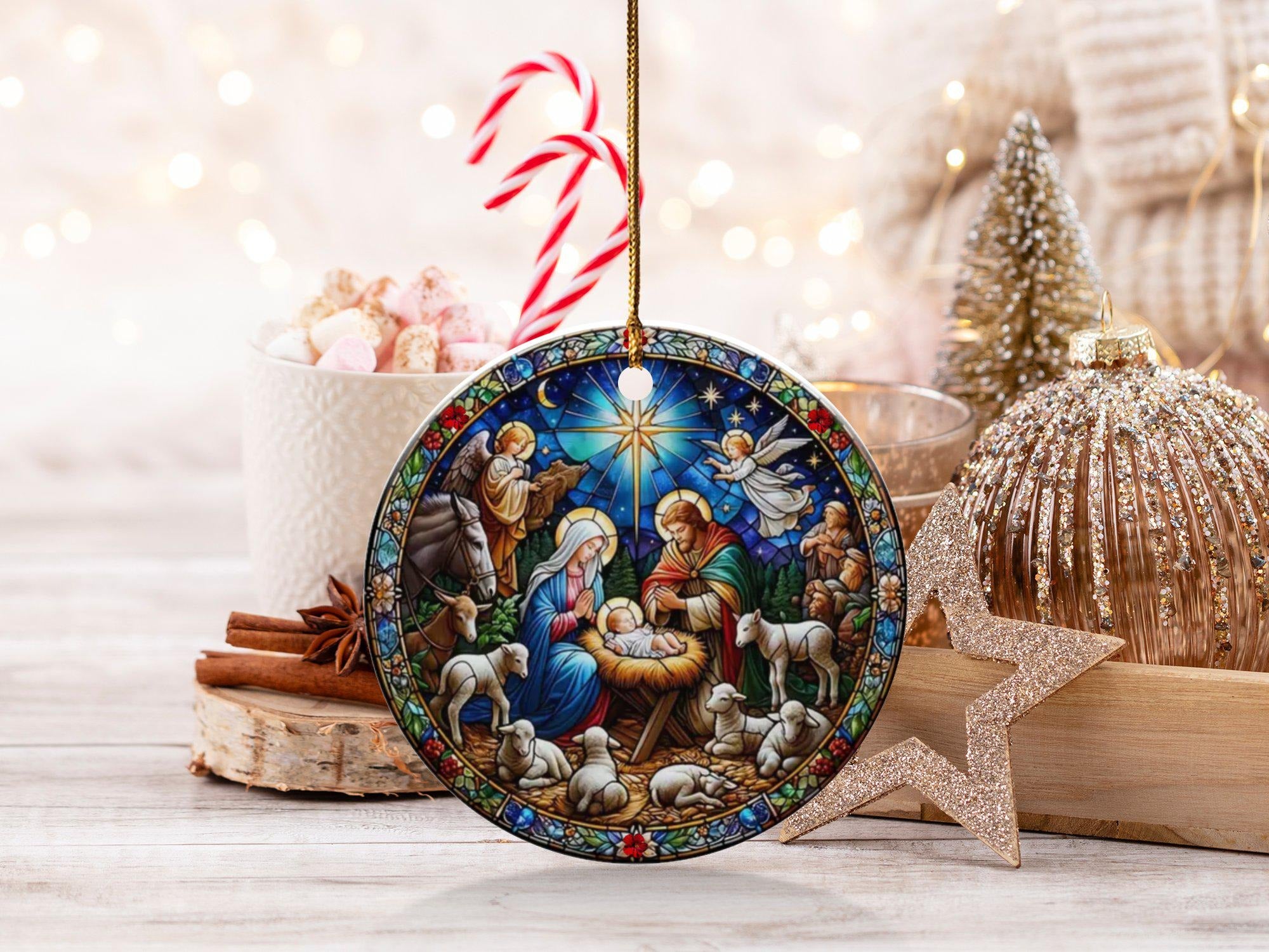 Nativity Scene Ornament, Stained Glass Style, Baby Jesus Ornament, Religious Christmas Ornament, ornament exchange, Xmas Gift idea DCLAF21